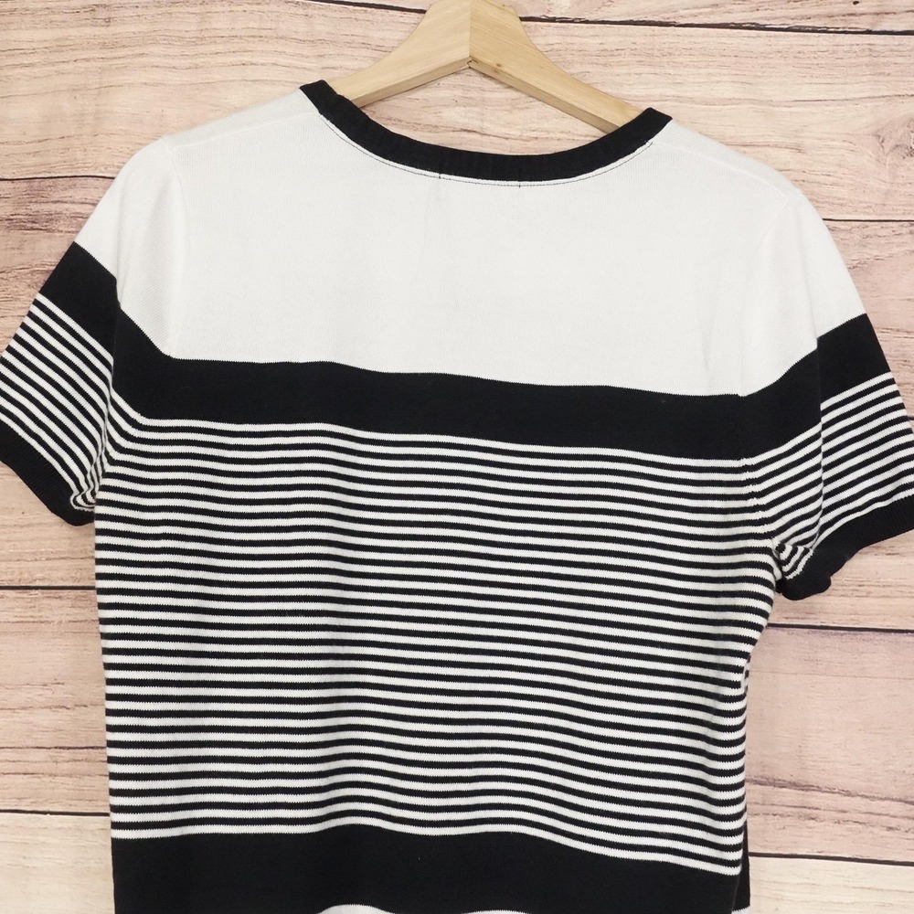 Lands' End T-Shirt Womens L Black White Striped Crew Neck Short Sleeve Knit Top - Picture 4 of 7